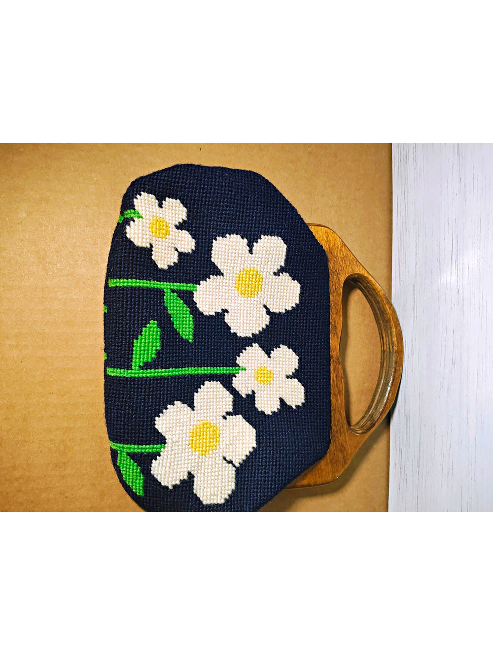 Vintage Navy Floral Canvas Top Handle Bag Embroidered Wood Handle Snap